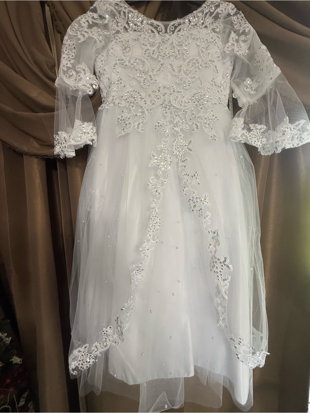 White Beaded Lace Tulle Dress with Sleeves